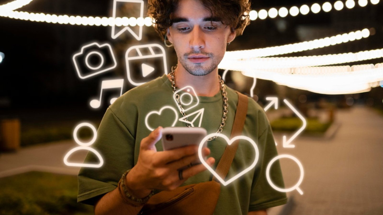 Homem mexendo no celular à noite, cercado por ícones de redes sociais