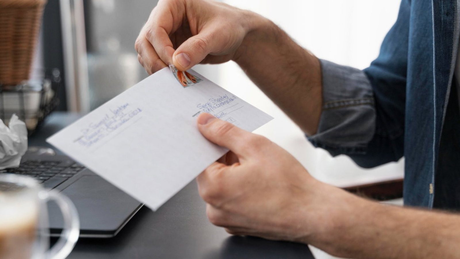 Mãos fechando um envelope de carta ao lado de um notebook sobre a mesa